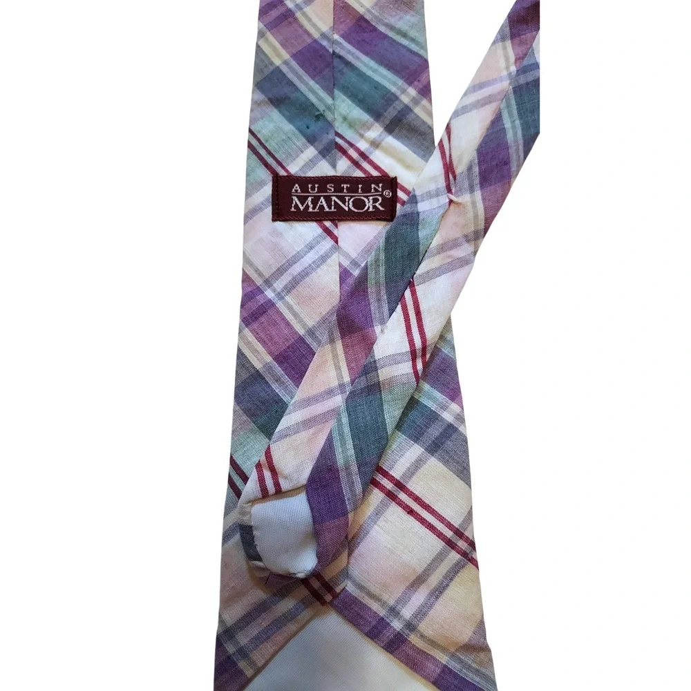 Austin Manor Mens Madras Plaid Tie Purple Green Beige‎ Career Casual Preppy - Picture 2 of 2